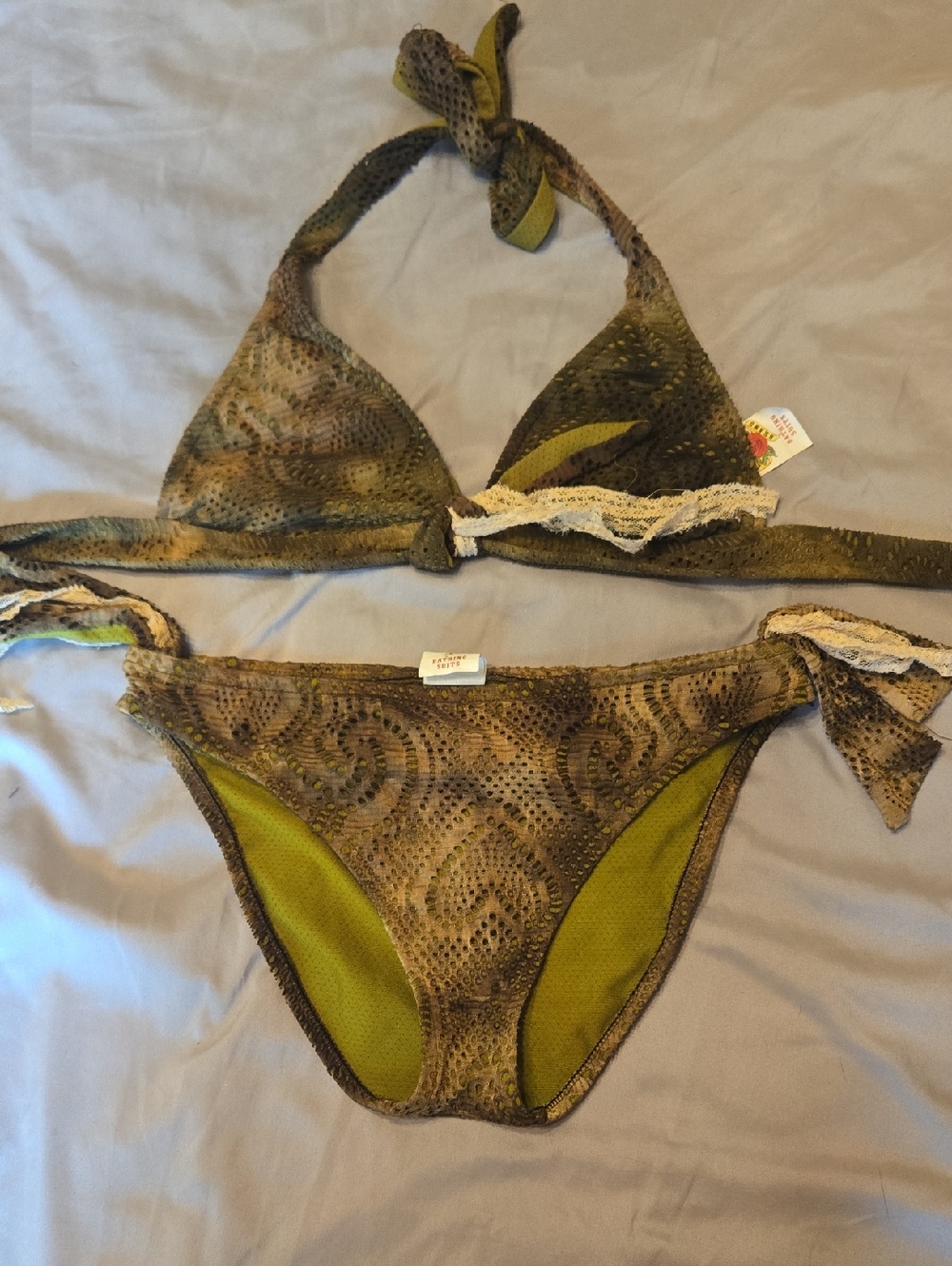 Lucky Brand Olive & Lime Patterned Bikini Top